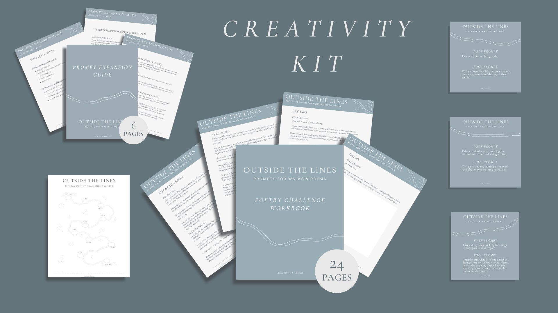 Mockup images of items included in the creativity kit, such as the fillable workbook & helpful hints, saveable images of the daily prompts, a daily habit tracker in the shape of a map & a bonus guide to altering the prompts for other art forms, or using th